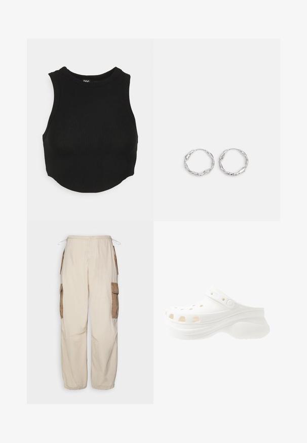 Top court noir côtelé avec un col haut et sans manches. Texture douce avec une coupe ajustée et un ourlet légèrement courbé.; BDG Urban Outfitters CONTRAST - Pantalon cargo - beige; Sabot blanc en mousse avec talon surélevé, trous ronds pour la ventilation, sangle arrière réglable et semelle texturée pour l'adhérence.; Boucles d'oreilles en argent en forme de créole, avec une texture ondulante et irrégulière. Présente une forme circulaire mince et une finition réfléchissante.