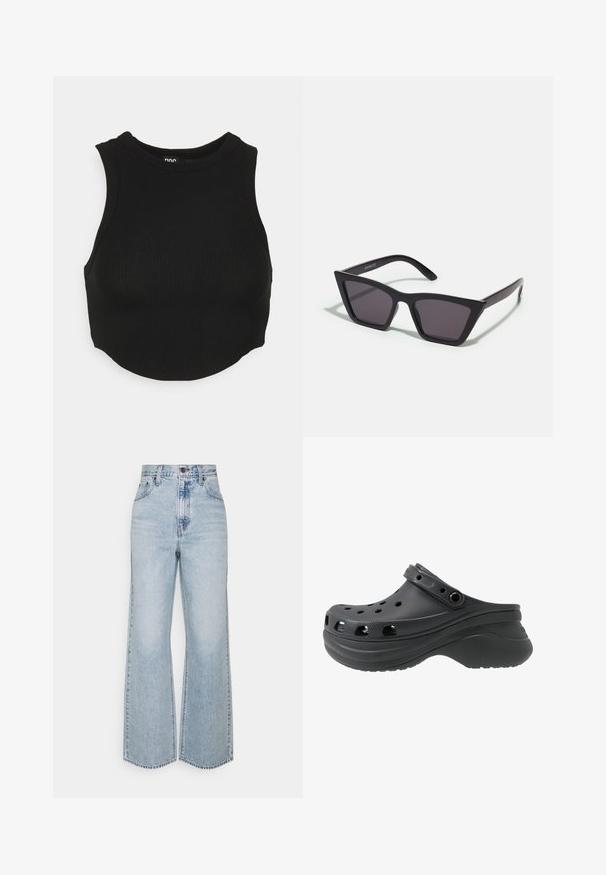 Top court noir côtelé avec un col haut et sans manches. Texture douce avec une coupe ajustée et un ourlet légèrement courbé.; Jean large en denim bleu clair avec taille haute, design classique à cinq poches et couture contrastante. Détail de ourlet brut en bas.; Sabot noir avec des trous de ventilation sur les côtés, composé d'un matériau plastique léger. Il dispose d'une sangle à l'arrière et d'une semelle texturée.; Lunettes noires angulaires avec des verres gris ; fabriquées en plastique, avec des branches épaisses à la surface lisse et sans matériel visible.