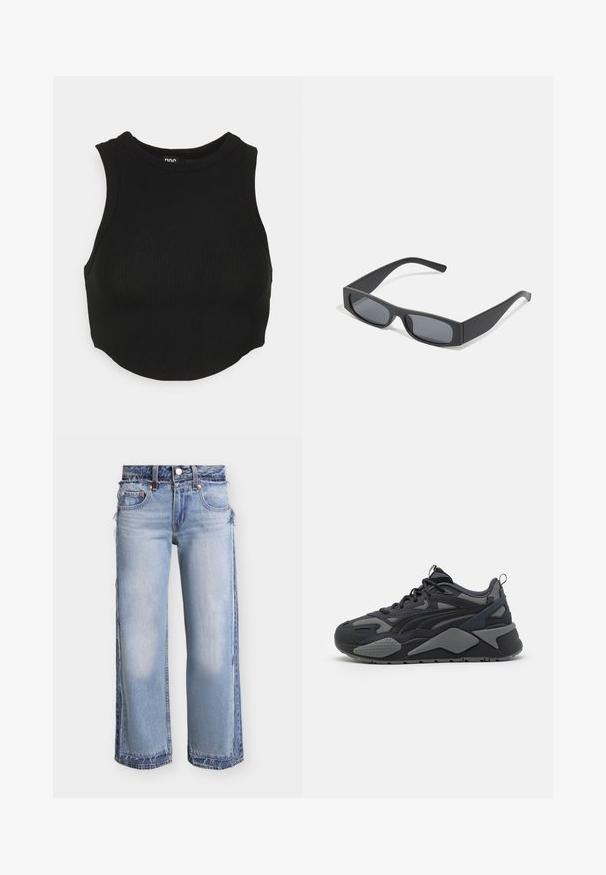Schwarzes geripptes Cropped-Top mit hohem Ausschnitt und ärmellosem Design. Weiche Textur mit figurbetontem Schnitt und leicht abgerundetem Saum.; Hellblaue Jeans mit weitem Bein, geschichteten Denim-Paneelen, ausgefransten Kanten und klassischem Fünf-Taschen-Design.; Schwarze sportliche Sneaker mit Obermaterial aus Mesh und Textil in Grauakzenten, einer robusten Sohle und markanten Designlinien.; Schwarze rechteckige Sonnenbrillen mit dunklen Gläsern und dicken matten Rahmen. Die Bügel sind leicht verjüngt und haben eine glatte Oberfläche.