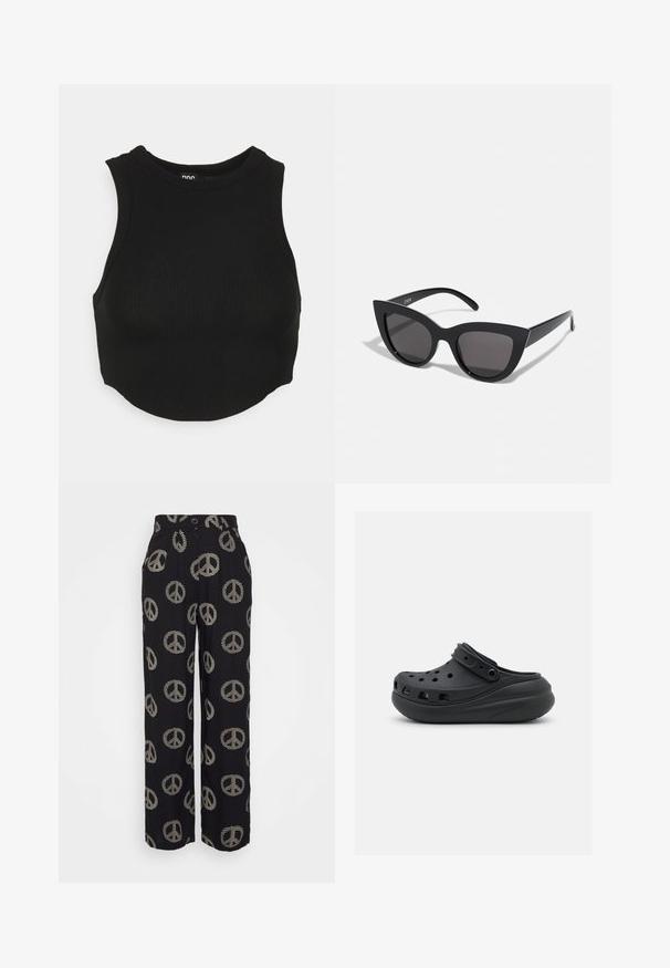 Čierny pletený cropped top s vysokým výstrihom a bezrukávovým dizajnom. Mäkká textúra, priliehavý tvar a mierne zakrivený spodný lem.; Čierne nohavice so širokými nohavicami s béžovými vzormi mierového symbolu, so zapínaním na gombík a plisovaným predným dizajnom. Hladký textúra látky.; Čierne gumové sabo s ventilačnými otvormi, zdvihnutou pätou a nastaviteľným remienkom. Hladký povrch a zaoblený tvar.; Čierne slnečné okuliare v štýle mačacích očí s matným povrchom, so šedými tónovanými sklami, ostrými hranami a elegantnými bokovými ramenami. Názov značky je viditeľný na vnútornom ramene.