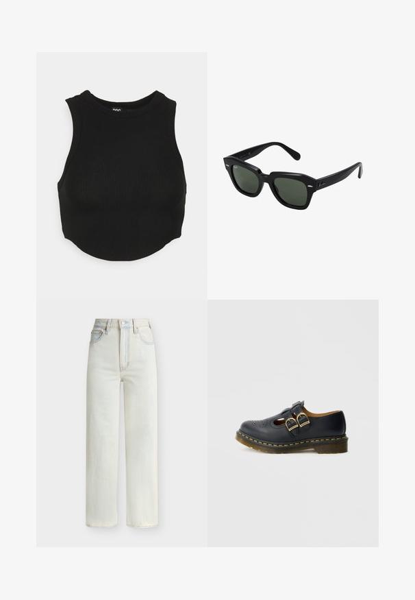 Zwarte geribbelde crop top met hoge hals en mouwloos ontwerp. Zachte textuur met een getailleerde pasvorm en een licht gebogen zoom.; Lichtblauwe denim jeans met hoge taille, rechte pijpen, vooraan sluiting met knopen en rits, en een ontwerp met vijf zakken.; Zwarte leren schoen met twee gespsluitingen, voorzien van geperforeerde details, een ronde neus en een gele stiknaad rond de zool.; Zwarte vierkante zonnebril met donker groene lenzen, uitgerust met gedurfde monturen en zilveren accenten aan de zijkanten. Gemaakt in Italië.