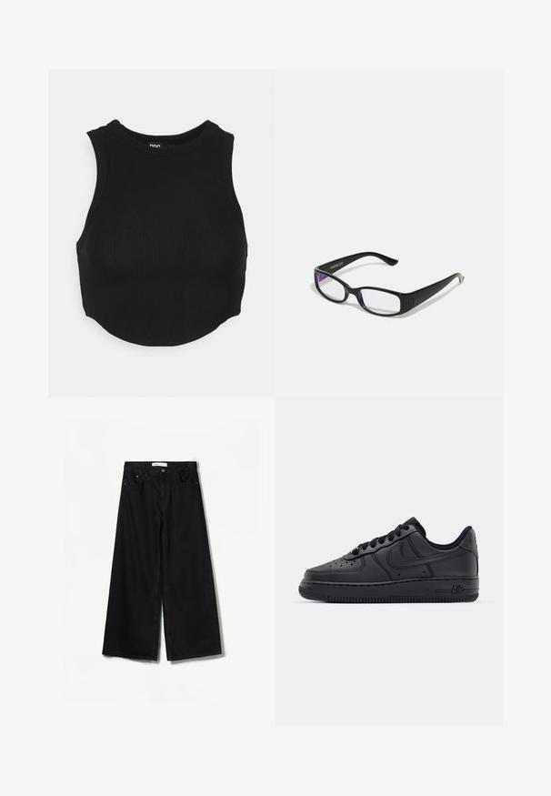 Čierny pletený cropped top s vysokým výstrihom a bezrukávovým dizajnom. Mäkká textúra, priliehavý tvar a mierne zakrivený spodný lem.; Čierne široké džínsy vyrobené z denimu. Majú vysoký pás, predné a zadné vrecká a strieborné kovanie na zapínaní na gombík a zips.; Čierne kožené tenisky s perforovanou špičkou, plochými šnúrami a gumovou podrážkou. Obsahujú malé logo na boku a textúrované detaily.; Čierne obdĺžnikové okuliare s priehľadnými šošovkami. Lesklý povrch, úzke ramená a fialový nádych viditeľný na okrajoch šošoviek.