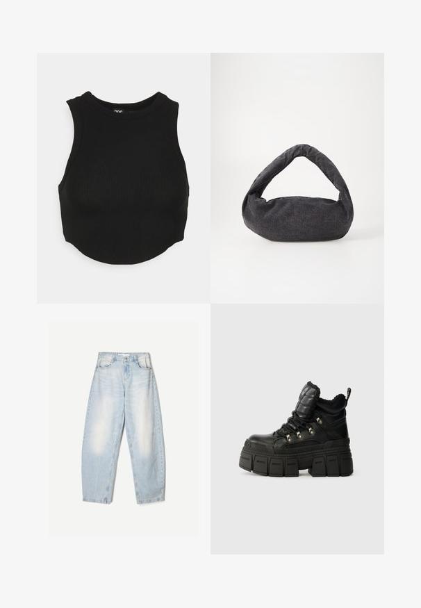 Schwarzes geripptes Cropped-Top mit hohem Ausschnitt und ärmellosem Design. Weiche Textur mit figurbetontem Schnitt und leicht abgerundetem Saum.; Hellblaue Jeans aus Denim mit lockerer Passform, im ausgewaschenen Finish, zwei Fronttaschen und einem Knopfverschluss am Bund.; Schwarze klobige Plattformstiefel mit gepolstertem Kragen, Gummisohle, Schnürverschluss und Metallakzenten. Aus strukturiertem synthetischem Material.; Dunkelgraue Stofftasche mit einem gebogenen Griff, weicher Textur und runder Form. Keine sichtbaren Beschläge oder Verzierungen.