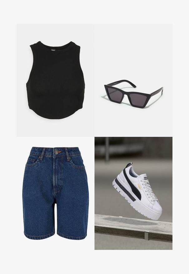 Must mustribaline crop top kõrge kaelusega ja ilma varrukateta. Pehme tekstuur, millel on keha lähedal istuv kuju ja kergelt kõver hem.; Tumedad denim lühikesed püksid, kõrge vöökoht, viie tasku disain ja kontrastsed oranžid õmblused. Kangas näib olevat tekstuuriga.; Valge Puma platvorm-toss musta triibu ja kuldse logoga, hõljumas betoonpingi kohal õues.; Mustad mustrakellad, millel on hallid šabloonid; valmistatud plastist, paksude ja siledate kätega, ilma nähtava riistvarata.