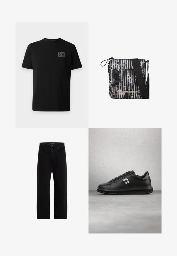 Schwarzes, kurzärmliges T-Shirt mit Rundhalsausschnitt und kleinem weißen gestickten Aufnäher auf der linken Brust, der "from Paris love, Karl xx" liest.; Schwarze Jeanshose mit lockerer Passform, ausgestattet mit einem klassischen Fünf-Taschen-Design, einem Knopfverschluss und dezentem Markenstickerei.; Person trägt schwarze Lederhosen und schwarze Sneakers mit einem kleinen Comic-Charakter-Anhänger an der Seite, steht auf einem Holzboden.; Umhängetasche mit schwarzen und beigen vertikalen Streifen und wiederholtem "Karl Lagerfeld Jeans" Schriftzug, schwarzem verstellbarem Riemen und vorderer Reißverschlusstasche.