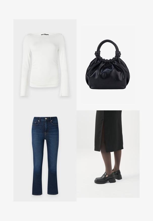 Haut à manches longues blanc en tissu lisse avec une silhouette ajustée, présentant un décolleté bateau large et des fronces subtiles à la taille.; Good American GOOD CLASSIC SPLIT BACK POCKET - Jeans Skinny - indigo; Femme portant des mocassins noirs à talons épais, des collants noirs transparents et une jupe noire fendue à l'arrière sur fond blanc.; Sac à main en cuir noir souple avec le dessus froncé et deux grosses poignées nouées sur un fond uni clair.