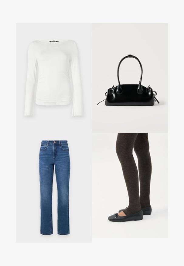 Haut à manches longues blanc en tissu lisse avec une silhouette ajustée, présentant un décolleté bateau large et des fronces subtiles à la taille.; Jean en denim bleu avec une coupe droite, taille haute, cinq poches et des coutures minimales. Le tissu présente une texture légèrement décolorée.; Jambes portant des leggings côtelés foncés associés à des ballerines noires avec de petits détails en nœud sur fond blanc.; Petit sac à main noir brillant avec deux longues anses et des détails à cordon sur les côtés sur un fond clair uni.