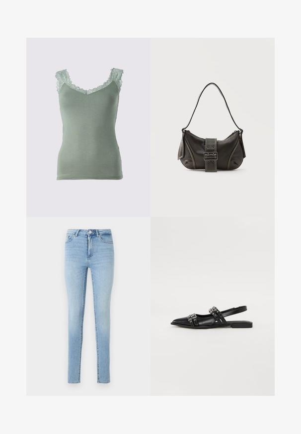 Lichtgroene cami-top met kantafwerking langs de halslijn en schouders. Zacht, glad materiaal met een aansluitend ontwerp en een V-hals.; Lichtblauwe denim skinny jeans hebben een sluiting met een knoop en ritssluiting aan de voorkant, vijf zakken en een licht vervaagde afwerking voor textuur.; Even&Odd by Zalando Slingback ballerina´s - black; Zwarte leren schoudertas met gespsluiting aan de riem, afgeronde hoeken en contrasterende witte stiksels op een effen achtergrond.