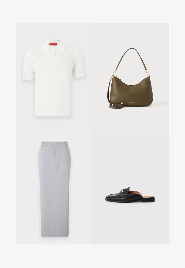 Weißes Poloshirt mit kurzen Ärmeln und Spitzendetails an Schultern und Ärmeln, Drei-Knopf-Leiste und rotem MAX&Co-Label an der Innenseite des Kragens.; Grauer maßgeschneiderter Bleistiftrock aus glattem Stoff. Hat einen geraden Schnitt, flache Vorderseite und keine sichtbaren Taschen.; Schwarzer Lederschuh zum Hineinschlüpfen mit runder Zehenpartie, goldenen Beschlägen und flacher Sohle. Das Innenfutter ist mit braunem Leder für zusätzlichen Komfort ausgekleidet.; Olivgrüne Ledertasche mit kurzen und langen Trägern, goldener Hardware und Michael Kors Logo in Gold nahe dem Boden auf einfachem Hintergrund.