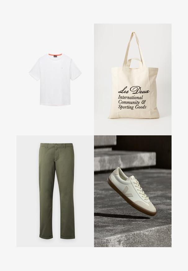 T-shirt blanc uni à manches courtes et col rond, avec un petit logo sur la poitrine gauche et un liseré orange à l’intérieur du col.; Pantalons en coton vert olive avec une coupe droite, ourlets retroussés, poches avant et fermeture à bouton. Texture lisse avec des détails de couture subtils.; Baskets en cuir blanc avec semelle en caoutchouc beige, lacets plats et accent en forme de V sur le côté. Présentent une surface lisse et peu de détails de couture.; Sac tote en coton beige avec deux poignées robustes. Présente un texte imprimé en noir : "Les Deux International Community & Sporting Goods."