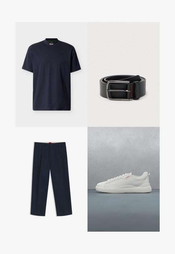 Marineblå t-shirt lavet af bomuld, med høj hals og korte ærmer. BOSS-logo placeret ved halsen. Glat tekstur, minimalistisk design.; Mørkeblå bukser med vide ben med bæltestropper, knaplukning og lynlås foran samt sidelommer, vist på en hvid baggrund.; Hvide sneakers med en glat læderfinish, rund tå, fire snørehuller, subtile perforeringer og en rød logo detalje på siden.; Sort læderbælte med sølvspænde og røde syninger, rullet sammen på en ensartet lys baggrund.