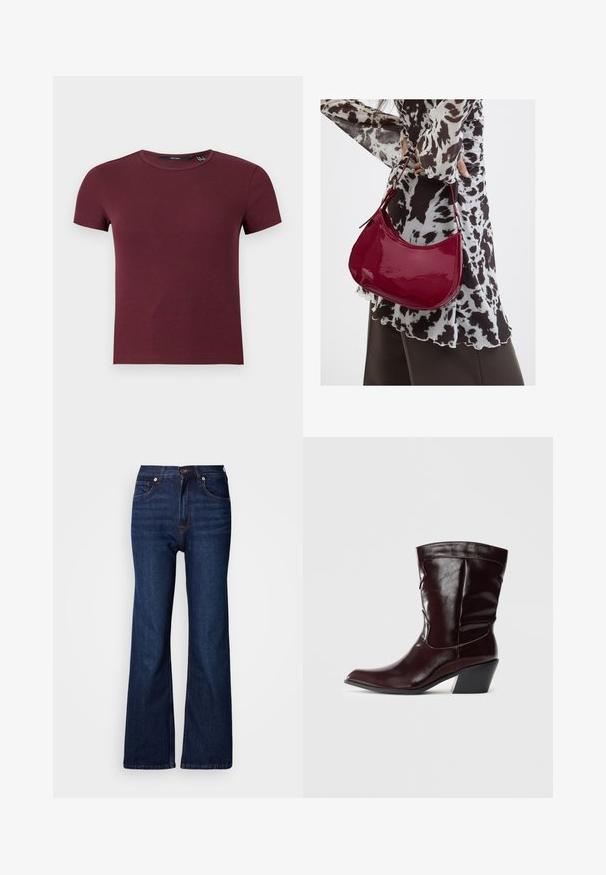 Kortærmet ribstrikket crop top med rund hals i bordeaux med en tætsiddende silhuet.; Vida, mørkeblå denimjeans med fem lommer, knaplukning og kontrastsyningsdetaljer. Glat tekstur med et robust udseende.; Bordeaux læder ankelstøvler med spids tå, tekstureret overflade og en lav, taperet hæl. Har diskrete søm og en tætsiddende pasform.; Kvinde iført en sort- og hvidmønstret bluse, der holder en blank rød skuldertaske mod en ensfarvet baggrund.