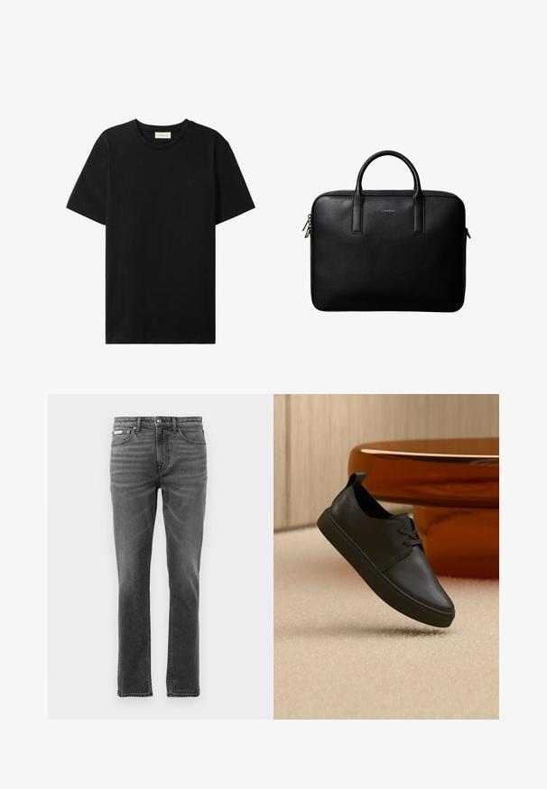 Sort t-shirt med korte ærmer og rund hals med subtil Calvin Klein Jeans-logo på brystet og en label indeni halsåbningen.; Mørkegrå denimbukser med lige ben, fem-lomme design, subtile falmende mønstre og metalbeslag ved taljen.; Sort lædersneaker til hverdag med snørebånd, svævende over beige tæppe med et rundt bord af ravfarvet glas i baggrunden.; Sort tekstureret lædermappe med dobbelte håndtag og sølv lynlås, centreret på hvid baggrund.