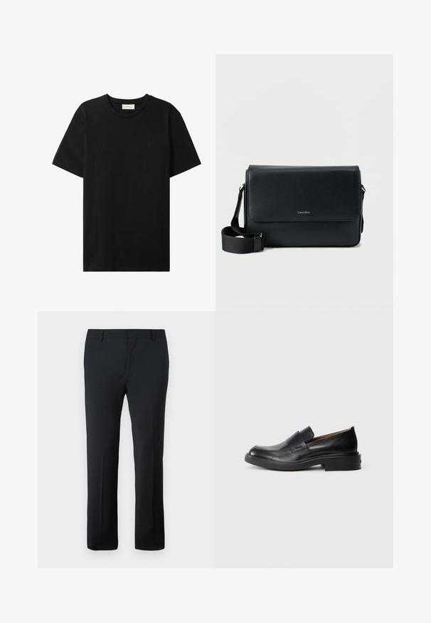 Sort t-shirt med korte ærmer og rund hals med subtil Calvin Klein Jeans-logo på brystet og en label indeni halsåbningen.; Sorte skræddersyede bukser med en glat tekstur, lige ben-design, sikker talje og uden synlige mønstre eller dekorationer.; Sorte læder slip-on dress sko med lav hæl og subtil Calvin Klein logo på siden, vist i profil på en hvid baggrund.; Sort læder messenger taske med tekstureret finish, justerbar rem og en frontklap med et diskret logo. Kompakt og rektangulær form.