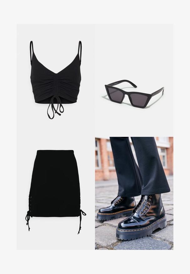 Even&Odd Débardeur - black; Even&Odd Minijupe - black; Bottines en cuir verni noir avec une semelle en caoutchouc épaisse, fermeture éclair sur le côté, quincaillerie en œillet doré et détail de surpiqûre jaune contrastant.; Lunettes noires angulaires avec des verres gris ; fabriquées en plastique, avec des branches épaisses à la surface lisse et sans matériel visible.