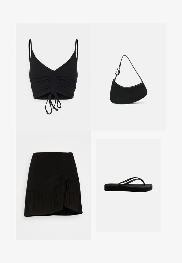 Even&Odd by Zalando Top - black; Even&Odd by Zalando Minirok - black; Zwarte rubberen teenslipper met gestructureerd zool en Y-vormige band, zijaanzicht op een effen lichte achtergrond.; Zwarte handtas met een gebogen vorm, een gladde textuur en een korte band met een metalen sluiting. Minimalistisch ontwerp zonder patronen of accenten.