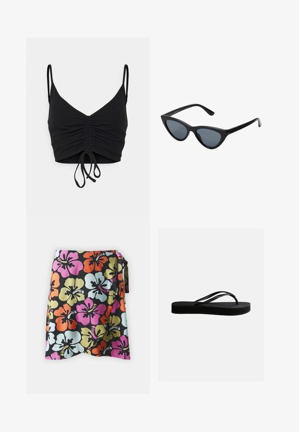Even&Odd by Zalando Top - black; Wikkelrok met een zwarte achtergrond en grote hibiscusbloemen in oranje, roze, lichtblauw en groen. Gemaakt van lichtgewicht stof.; Zwarte rubberen teenslipper met gestructureerd zool en Y-vormige band, zijaanzicht op een effen lichte achtergrond.; Zwarte cat-eye zonnebril met donkergrijze lenzen, slank plastic frame, puntige hoeken en rechte pootjes. Geen zichtbare hardware of accenten.