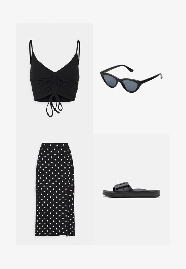 Even&Odd by Zalando Μπλούζα - black; Μαύρη φούστα με λευκές βουλίτσες, κατασκευασμένη από μαλακό ύφασμα. Διαθέτει ίσια γραμμή και άνοιγμα στο κάτω μέρος για ευκολία κατά την κίνηση.; Μαύρη σανδάλι με φαρδύ λουράκι, ρυθμιζόμενη αγκράφα, επίπεδη σόλα και λεία ματ υφή. Απλός σχεδιασμός χωρίς πρόσθετα σχέδια.; Μαύρα γυαλιά ηλίου cat-eye με σκούρους γκρίζους φακούς, κομψό πλαστικό σκελετό, μυτερές γωνίες και ίσιους βραχίονες. Χωρίς ορατό υλικό ή διακοσμητικά στοιχεία.