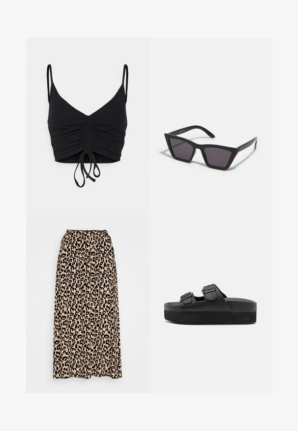 Even&Odd by Zalando Top - black; Leopartrykt midi-nederdel i beige og sort. Har en elastisk talje og en plisseret design for øget bevægelse og pasform.; Sorte platform sandaler lavet af glat materiale, med to justerbare stropper med spænder og en tekstureret sål for bedre greb.; Sorte, kantede solbriller med grå linser; lavet af plast, med tykke stænger med en glat overflade og ingen synlig hardware.