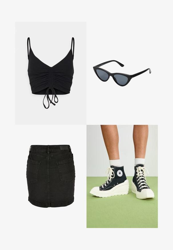 Even&Odd Top - black; Sort denim mini nederdel med to baglommer, bæltestropper og syningsdetaljer.; Sorte højtop sneakers med en hævet hvid platform sål, der har hvide snørebånd og en rund logo lap på siden. Tekstureret canvas materiale.; Sorte katteøje solbriller med mørkegrå linser, slankt plastisk stel, spidse hjørner og lige stænger. Ingen synlig hardware eller dekorationer.