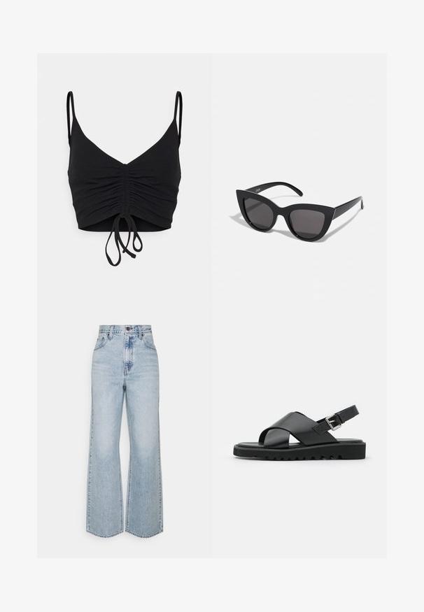 Even&Odd Top - black; Lysblå denim brede ben jeans med høj talje, klassisk fem-lomme design og kontrasterende syninger. Uslebne kanter i bunden.; Sorte lædersandaler med et korsremdesign, justerbar spænde og en tekstureret sål med riller for bedre greb.; Sorte cat-eye solbriller med mat finish, der har grå tonede linser, skarpe vinkler og slanke sidearme. Mærkenavnet er synligt på den indre arm.