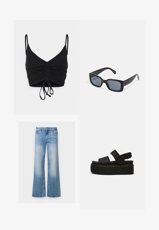 Even&Odd by Zalando Top - black; Jeans de mezclilla azul claro acampanados con una textura desteñida, cintura alta y diseño de cinco bolsillos, con cierre de botón y cremallera.; Sandalias de plataforma negras con dos correas ajustables, suela de goma gruesa con textura acanalada y costuras naranjas contrastantes.; Gafas de sol rectangulares negras con lentes oscuros, montura de plástico grueso y patillas anchas. Superficie lisa y diseño anguloso.