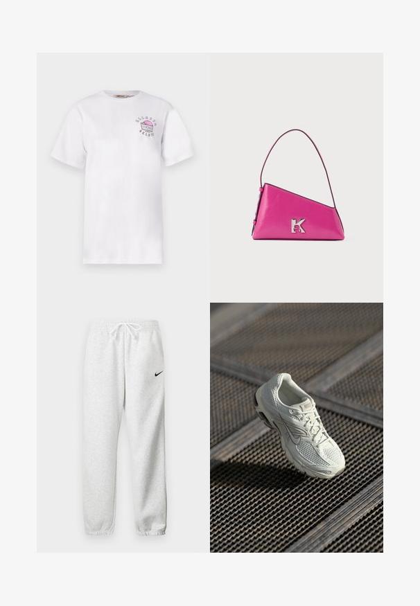 Hvid t-shirt med korte ærmer med lille pink og sort grafik af en stykke gelato-kage og teksten "Ellesse Gelato" på venstre bryst.; Grå sweatpants lavet af et blødt stof, med en elastisk talje og snøre samt et lille sort Nike-logo på venstre lår.; Hvide Nike løbesko med overdel i mesh og syntetisk materiale, som hviler på metalristgulv i blødt naturligt lys.; Lyserød læderhåndtaske med en kantet form, enkelt rem og sølvfarvet "K"-logo foran mod en ensartet hvid baggrund.