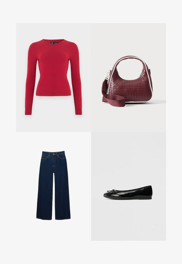 Rotes, geripptes Langarmshirt mit rundem Ausschnitt. Hergestellt aus weichem Stoff, figurbetonte Silhouette und dezente Strukturdetails. Markenlabel sichtbar.; Dunkelblaue Jeans mit weitem Bein aus Denim; mit Taschen vorne und Knopfverschluss; auffällige Nähte entlang der Nähte; keine Muster oder Verzierungen.; Schwarze Lackleder-Ballerinas mit abgerundeter Spitze, dekorativem Schleifendetail und flacher Sohle. Glatte Textur und minimalistisches Design.; Dunkelrote gewebte Ledertasche mit gebogenem Griff, weißem Besatz, silbernem Reißverschluss und abnehmbarem breitem Stoff-Schulterriemen vor einfarbigem Hintergrund.