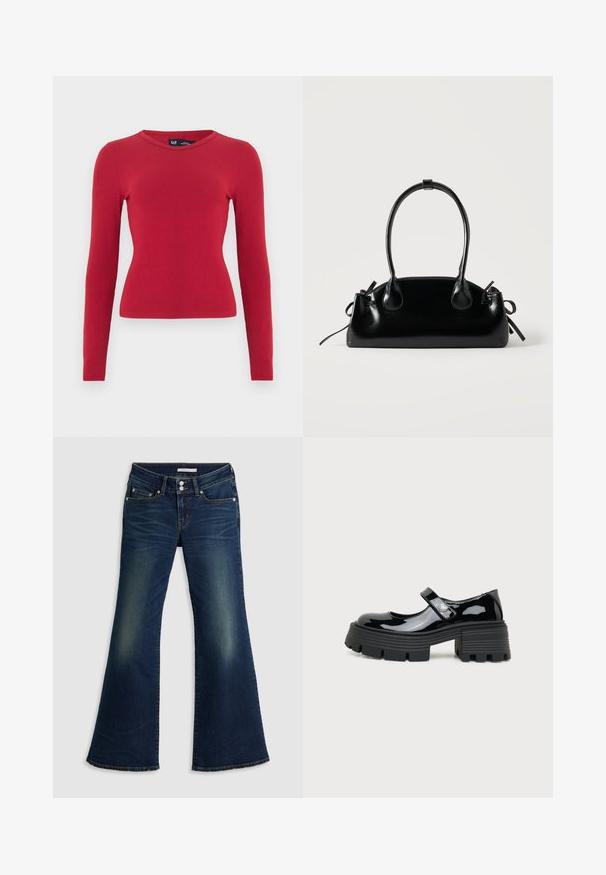 Top rouge à manches longues côtelé avec un col arrondi. Confectionné dans un tissu doux, silhouette ajustée et détails subtils de texture. Étiquette de la marque visible.; Jean flare super bas en denim bleu foncé avec poches avant et arrière, fermeture à double bouton et détails décolorés sur les cuisses et les genoux.; Chaussure Mary Jane en cuir verni noir avec semelle plateforme épaisse et détail en forme de cœur sur la bride, vue de profil sur fond blanc.; Petit sac à main noir brillant avec deux longues anses et des détails à cordon sur les côtés sur un fond clair uni.