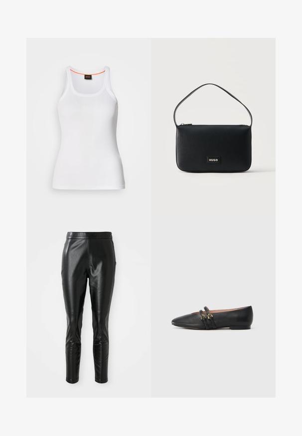 Weißes, geripptes Tanktop mit rundem Ausschnitt, das ein schmales Trägerdesign und einen orangefarbenen Akzent entlang des inneren Ausschnitts aufweist. Markenlogo sichtbar.; Schwarze Lederhosen mit schmaler Passform, die über eine glatte Textur und einen hohen Bund verfügen. Die Details umfassen Knieakzente für ein zusätzliches Design.; Schwarze flache Lederschuhe mit spitz zulaufender Zehenpartie, versehen mit zwei schwarzen Riemen mit goldfarbenen Metallakzenten. Glatte Textur und niedriger Absatz.; Schwarze rechteckige Schultertasche aus Leder mit einem kleinen goldenen "HUGO"-Logo-Patch und einem einzelnen dünnen Riemen.