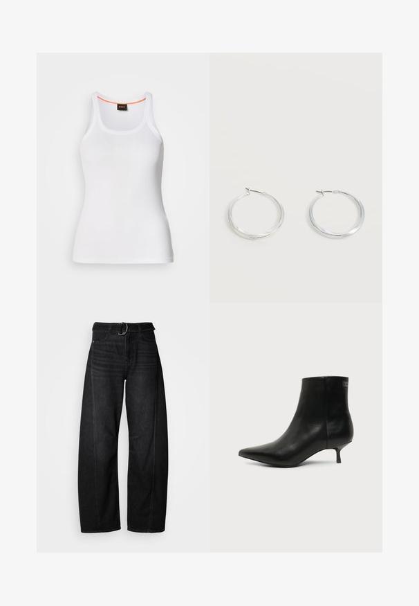 Weißes, geripptes Tanktop mit rundem Ausschnitt, das ein schmales Trägerdesign und einen orangefarbenen Akzent entlang des inneren Ausschnitts aufweist. Markenlogo sichtbar.; Schwarze, weit geschnittene Jeans aus Denim mit einem Gürtelbund und lässigen Taschen. Besitzt einen rohen Saum und minimalistische Nähte.; Schwarzer Leder-Knöchel-Stiefel mit spitzer Spitze und niedrigem Kittenabsatz vor hellem Hintergrund, seitliche Ansicht.; Silberne Metallcreolen mit glatter, leicht gebogener Oberfläche und Klappverschluss vor schlicht weißem Hintergrund.