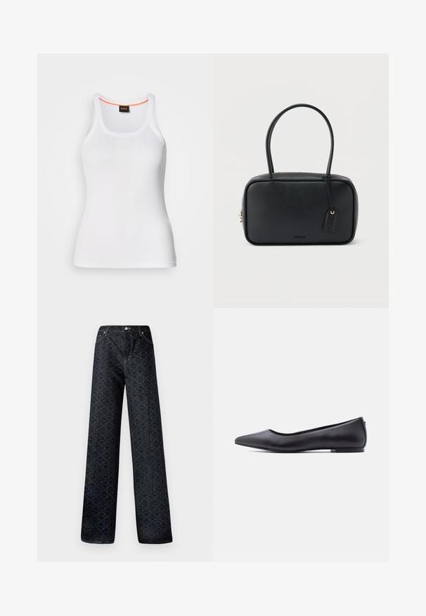 Hvid ribstrikket tanktop med rund halsudskæring, der har et smalt stropdesign og en orange detalje langs den indvendige halskant. Brandlogo vist.; Mørkeblå vidde jeans med et geometrisk mønster, lavet af denim. Har metalknap, lynlås og syninger på frontlommen.; Sort flad lædersko med spidst tåparti og lav hæl, vist i sideprofil mod en hvid baggrund.; Sort rektangulær håndtaske med dobbelte runde håndtag, gylden lynlås og præget "HUGO"-logo foran med fastgjort lædermærke.