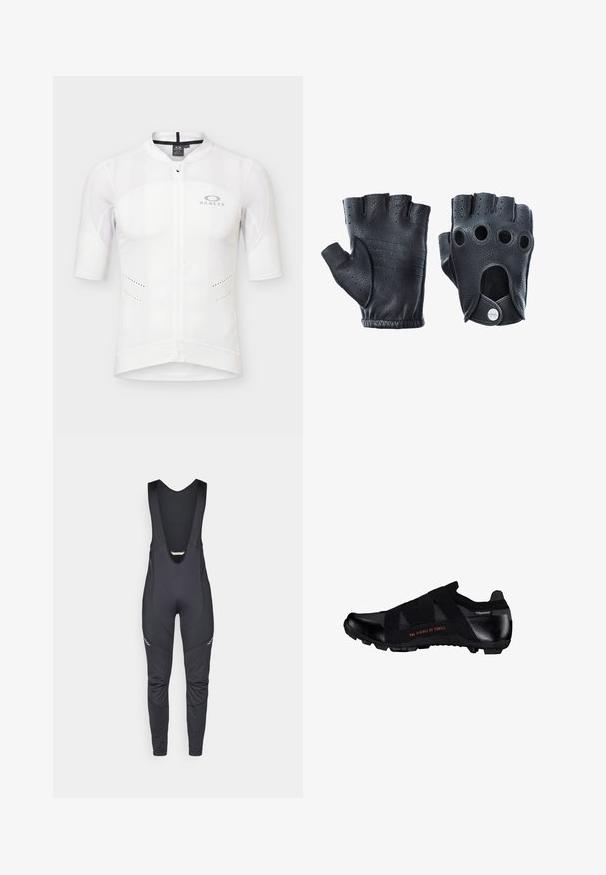 Hvid cykeltrøje med korte ærmer, fuld frontlynlås, meshpaneler på skuldrene og Oakley-logo på venstre bryst.; Vaude MENS MATERA WARM - Bib-leggings - black; Sort lavskåret sportssko med elastiske remme, tekstureret sål og tekst "The Science of Thrill" på siden.; Sorte læder fingerløse handsker med struktureret finish. Funktioner inkluderer fire fingerhuller, forstærket syning og en trykknaplukning.