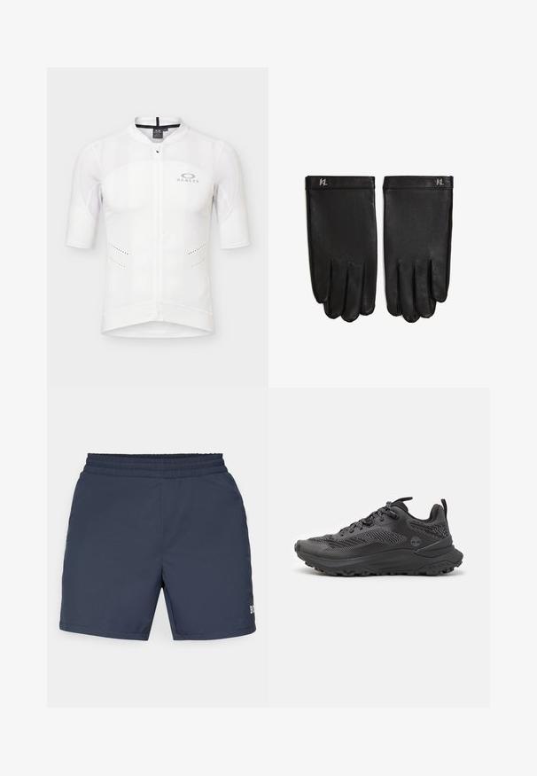 Weißes kurzärmeliges Fahrradtrikot mit durchgehendem Frontreißverschluss, Netz-Einsätzen an den Schultern und Oakley-Logo auf der linken Brust.; Marineblaue Badeshorts aus leichtem Material; mit einem elastischen Bund und einem kleinen Logodetail auf der unteren rechten Seite.; Schwarzer Sportschuh mit einem atmungsaktiven Mesh-Obermaterial, strukturierten Akzenten, robuster Gummisohle und verstärktem Fersenbereich für zusätzlichen Halt.; Schwarze Lederhandschuhe mit glatter Textur, vier Fingern und einem gefalteten Bündchen. Enthalten ein kleines Metalllogo am Handgelenk.