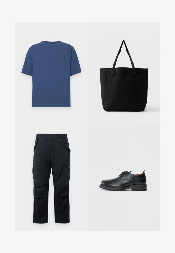 Camiseta de algodón azul con cuello redondo y mangas cortas, con un pequeño logo en el pecho izquierdo. Textura suave, ajuste relajado.; Pantalones cargo negros hechos de un tejido duradero, con múltiples bolsillos laterales, diseño de pierna recta y un cierre de botón en la cintura.; Zapatos derby de cuero negro con una textura suave, punta redondeada, diseño de cordones y una suela de goma gruesa y resistente.; Bolsa tote de lona negra con dos correas para el hombro y un diseño circular en relieve sutil en el frente.