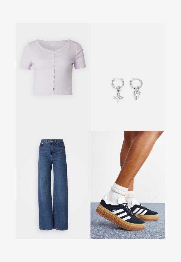 GAP CROPPED CREW - Trükipildiga T-särk - orchid petal; Kõrge talje ja laiad sääred tumepruunist denimist teksad. Omavad viit taskut, vöösilma ja pleekinud tekstuuri koos kontrastsete õmblustega.; Jalad valgete sokkide ja mustade Adidas Gazelle tossudega, millel on valged triibud ja paksud pruunid tallad, halli vaibaga põrandal.; Hõbedased rõngassõrmused, millel on risti ja südame ripats. Siledad, läikivad pinnad koos poleeritud viimistlusega. Iga ripats ripub kindlas silmus.