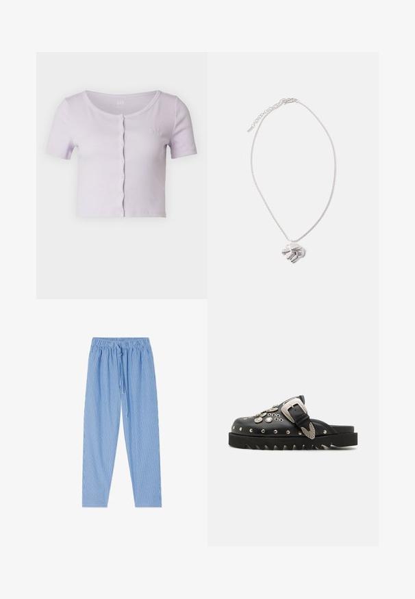 GAP CROPPED CREW - Trükipildiga T-särk - orchid petal; Sinised ja valged vertikaaltriibulised püksid, millel on kummist vöökoht ja nöörkinnitus, asetatud valgele taustale.; Mustad musta nahast puhtad, millel on metallist kaunistused, sealhulgas nööpide ja dekoratiivse pandlaga, pakse ja sakilise tallaga.; Hõbedane kaelakee, millel on tekstureeritud, sõlmedega ripats peenel ketil. Ripatsil on sooneline detailitus ja poleeritud viimistlus.