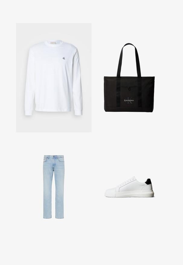 Chemise blanche en coton à manches longues avec col rond et petit logo noir "cK" sur la poitrine gauche.; Jean denim bleu clair coupe droite avec bouton sur le devant, fermeture éclair et design cinq poches, présenté sur fond blanc.; Baskets en cuir blanc avec un accent noir au talon, équipées de lacets plats, d'un bout arrondi et d'une semelle en caoutchouc rainurée pour une meilleure adhérence.; Sac cabas noir Calvin Klein avec deux longues poignées et une poche avant, avec le logo de la marque en blanc et gris.