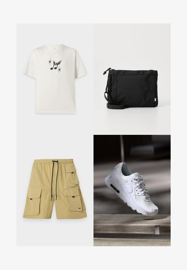 Weißes T-Shirt mit kurzen Ärmeln, schwarzer Grafik von Musiknoten mit Flügeln und Nike SB-Logo, flankiert von zwei sternähnlichen Formen.; Beige Cargo-Shorts aus leichtem Material. Verfügt über mehrere Seitentaschen, einen elastischen Bund mit Kordelzug und ein kleines Logo.; Weiße Nike Air Max 90 Sneaker mit einem Obermaterial aus Mesh und Leder, durchlässigem Zehenbereich und einer sichtbaren Air-Einheit in der Ferse.; Schwarze Stoff-Schultertasche mit texturiertem Äußeren, verstellbarem Schultergurt und Kordelzugverschluss. Verfügt über auffällige Nähte und ein seitliches Etikett.