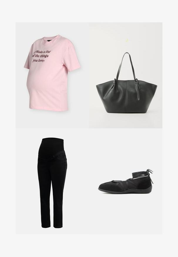 Hellrosa Umstands-T-Shirt mit kurzen Ärmeln und braunem Schriftzug auf der Vorderseite mit dem Text „Mach eine Liste der Dinge, die du liebst“.; Schwarze Umstandshosen mit dehnbarem, hohem Bund und schlankem Bein, entworfen für Komfort und Unterstützung während der Schwangerschaft.; Schwarzer flacher Schuh mit umlaufenden Knöchelriemen und Wildlederdetails, entworfen für sicheren Halt und minimalistischen Stil.; Vero Moda VMDITTA - Shopping Bag - black