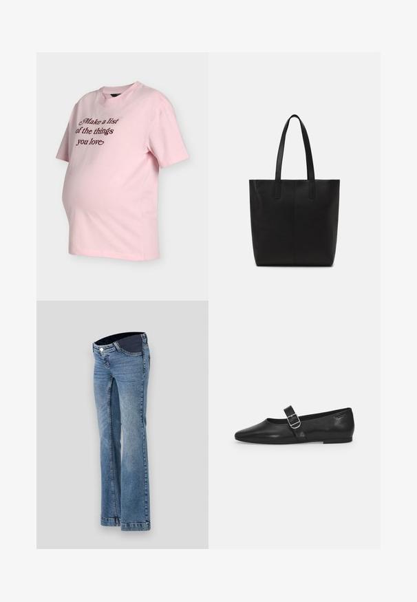 Hellrosa Umstands-T-Shirt mit kurzen Ärmeln und braunem Schriftzug auf der Vorderseite mit dem Text „Mach eine Liste der Dinge, die du liebst“.; Hellblaue Jeans aus Denim mit einem Schlagdesign, ausgestattet mit einem dunklen Bund und Fünf-Taschen-Style, abgerundet mit sichtbaren Nähdetails.; Schwarzer Lederflatschuh mit runder Zehenform, einem verstellbaren Schnallenriemen und einer glatten, glänzenden Oberfläche. Minimalistisches Design mit einem niedrigen Absatz.; Schwarze Einkaufstasche aus strukturiertem Material, mit zwei langen Tragegriffen und einem einfachen, minimalistischen Design ohne sichtbare Beschläge.