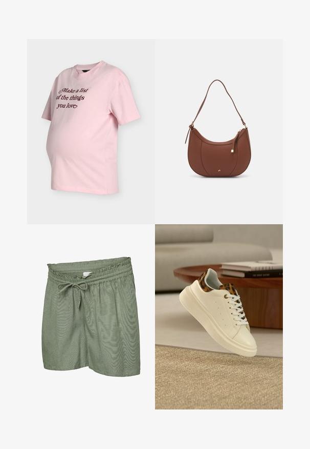 Hellrosa Umstands-T-Shirt mit kurzen Ärmeln und braunem Schriftzug auf der Vorderseite mit dem Text „Mach eine Liste der Dinge, die du liebst“.; Hellgrüne Freizeithose mit elastischem Bund und Kordelzug, aus leichtem, strukturiertem Stoff gefertigt.; Weißer Sneaker mit Leopardenmuster-Akzenten an Zunge und Kragen, schwebt über dem beigen Teppich in einem modernen Wohnzimmer.; Braune Kunstleder-Schultertasche mit geschwungener Form, minimaler Naht und goldfarbener Hardware-Akzent. Verfügt über einen oberen Reißverschluss und einen verstellbaren Trageriemen.