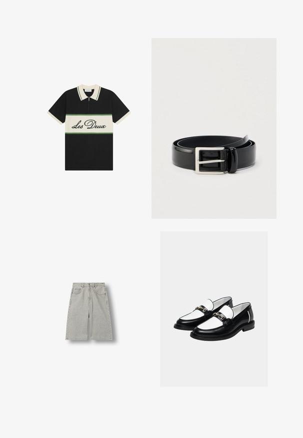Schwarzes Poloshirt mit kurzen Ärmeln, weißem Kragen, halbem Reißverschluss, weißem Brustband mit grünen Streifen und „Les Deux“-Schriftzug vorne.; Hellgraue denim knielange shorts mit vordertaschen, gürtelschlaufen und knopfverschluss, flach auf weißem hintergrund ausgelegt.; Paar schwarz-weiße Lederloafer mit goldener Kettenverzierung oben, vor schlichtem hellem Hintergrund.; Gerollter schwarzer glänzender Ledergürtel mit einer silbernen rechteckigen Metallschnalle auf hellem einfarbigem Hintergrund.