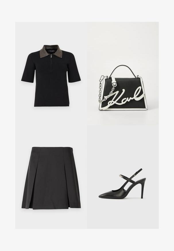 Schwarzes Polo-Shirt mit kurzen Ärmeln und gerippter Textur, ausgestattet mit einem Reißverschlusskragen und einem mit Metallic-Akzenten verzierten Kragen.; Schwarzer, plissierter Rock mit glatter Textur, taillierter Form und geradem Bund. Entworfen ohne Verschlüsse für eine klare Silhouette.; Schwarze Slingback-Pumps aus Leder mit spitz zulaufender Spitze, Cut-Out-Design und verstellbarem Riemen mit metallischem Beschlag.; Schwarze Ledertasche mit weißen Akzenten. Verfügt über einen Kettenriemen, eine strukturierte Form und ein auffälliges weißes Logo-Detail. Glatte Textur.