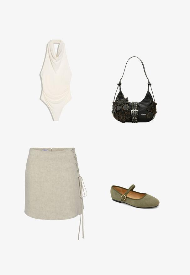 Ärmelloser Bodysuit in Creme mit drapiertem Wasserfallausschnitt und gerafften Seiten, vor weißem Hintergrund dargestellt.; Beige Leinen-Wickelrock mit einem Schnürdetail auf der linken Seite, geradem Schnitt und einem Reißverschluss hinten. Glattes, strukturiertes Gewebe.; Olivgrüner Wildleder-Mary-Jane-Flachschuh mit abgerundeter Spitze, verstellbarem Riemen mit goldener Schnalle und niedrigem schwarzen Absatz.; Schwarze Lederhandtasche mit dreidimensionalen Blumenverzierungen, einer silbernen Schnalle und dekorativen Metallösen. Verstellbarer Riemen.