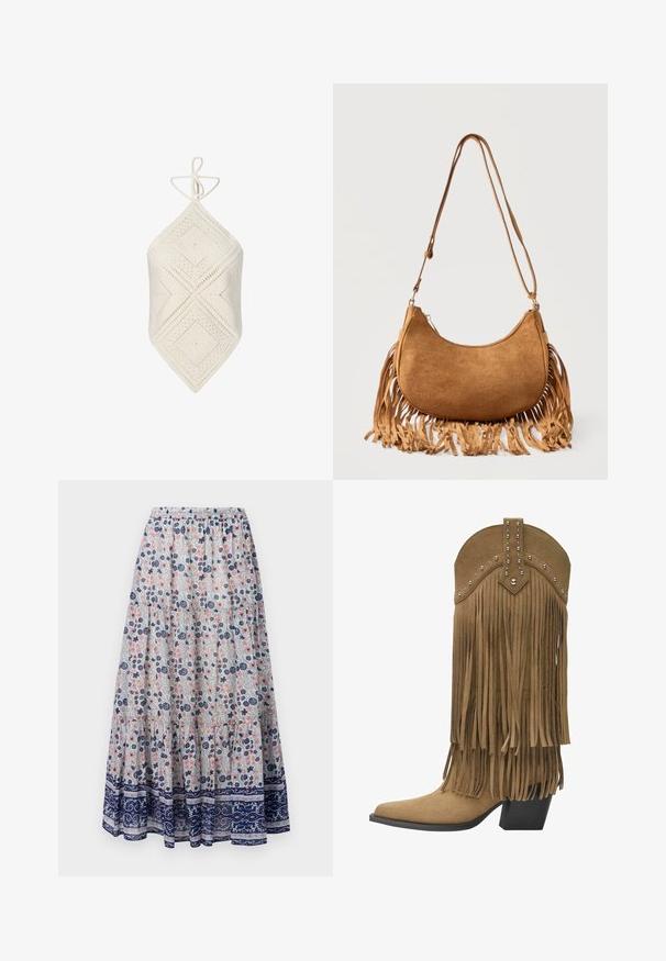 Haut à bretelles en crochet blanc avec motif en losange et fermeture par lien au niveau du cou, doté d'un pan pointu.; Jupe maxi florale avec un fond gris, présentant des fleurs roses et bleues, un design à volants, et un ourlet à motifs navy. Taille élastique.; Botte de cowboy en daim beige avec des franges superposées, des clous métalliques sur le haut, un bout pointu et un talon empilé noir.; Sac d'épaule en daim marron en forme de croissant avec une longue bandoulière et des franges le long des bords inférieurs sur fond blanc.
