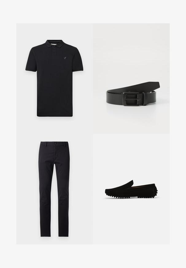 Polo noir à manches courtes avec trois boutons, col et petit logo brodé sur le côté gauche de la poitrine, présenté sur un fond uni.; Pantalons noirs en tissu lisse, présentant une coupe slim, une fermeture à bouton et des poches standard sans motifs ni accents visibles.; Mocassins en suède noir avec une semelle légèrement surélevée, texturée et des détails de couture le long des bords, présentant un design classique à enfiler.; Ceinture en cuir noir avec une boucle en métal noir mat, présentant une texture lisse et un design simple. Longueur réglable avec une extrémité effilée.