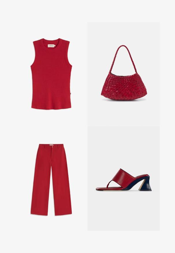 Haut rouge sans manches en maille côtelée avec encolure ronde et petite étiquette de marque à l'intérieur du col.; Pantalon rouge à jambes larges avec fermeture à bouton et fermeture éclair, passants pour ceinture et poches latérales, présenté à plat sur un fond blanc.; Sandale mule en cuir rouge à bout ouvert avec un talon bloc sculpté bleu marine et une bride tongs, vue de côté sur fond blanc.; DRAGON DIFFUSION ROSANNA - Sac à main - red