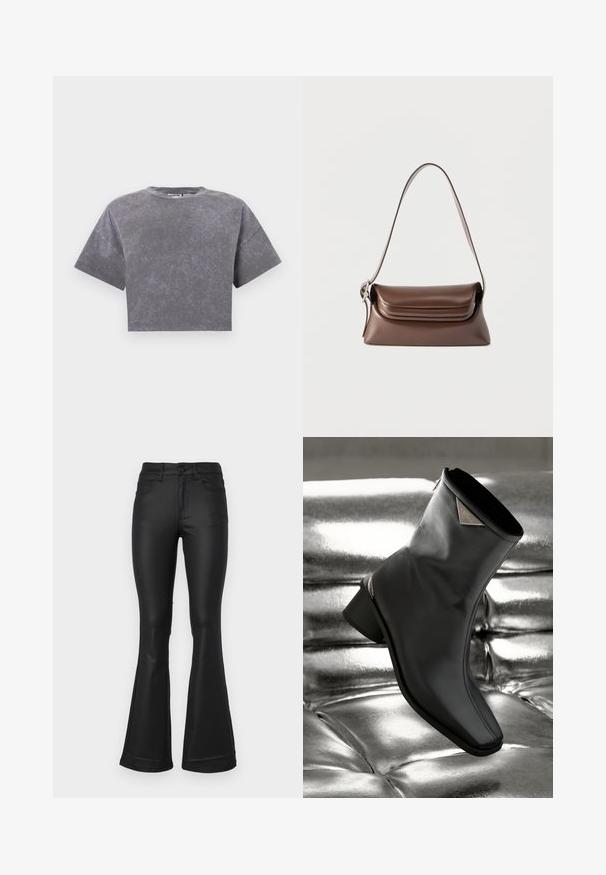 Korte grijze cropped T-shirt met een vervaagde, gewassen textuur en wijde korte mouwen tegen een effen witte achtergrond.; Zwarte flared jeans gemaakt van een gladde stof. Bevat vijf zakken, een aansluitende taille en een brede beenopening aan de onderkant.; Zwarte leren enkelboot met een puntige neus, minimalistisch ontwerp en een kleine hak. Bevat metalen accenten op de bovenkant.; Bruine leren schoudertas met een zilveren gesp op de band en een flapsluiting, afgebeeld tegen een witte achtergrond.
