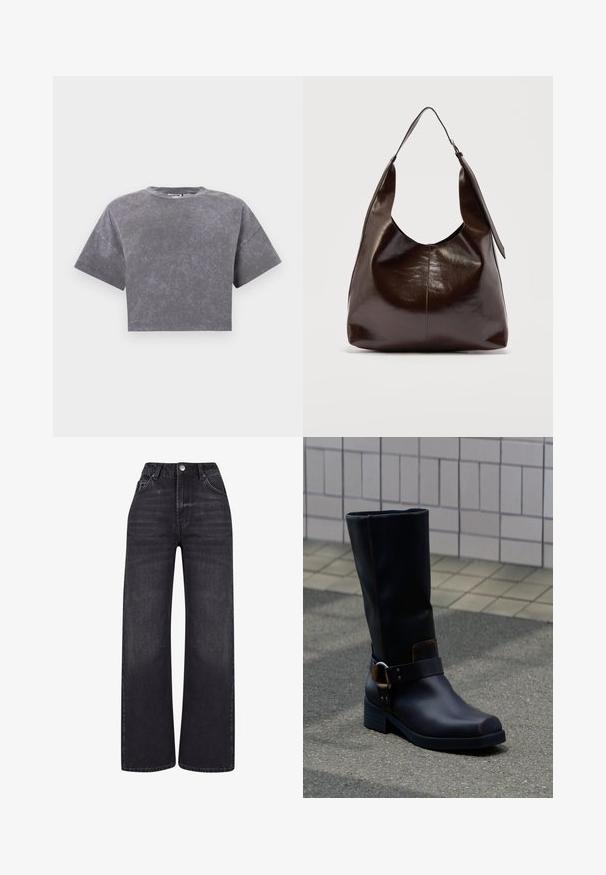 Krátke sivé crop tričko s vyblednutou, ošúchanou textúrou a širokými krátkymi rukávmi na jednoduchom bielom pozadí.; 2Y Studios NAYA BASIC LIGHT - Široké nohavice - washed black; Čierna kožená čižma po polovicu lýtka s nízkym podpätkom a dekoratívnym remienkom s kovovou prackou, stojaca na sivej dláždenej ploche blízko obkladanej steny.; Tmavohnedá lesklá kožená kabelka cez rameno s jedným širokým popruhom a prackou na jednej strane, na jednoduchom svetlom pozadí.